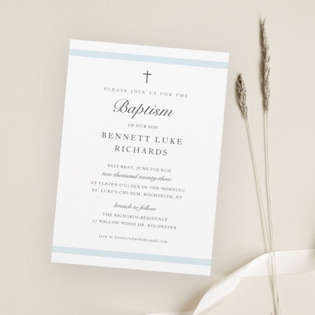 Convite Elegância Moderna Batismo Meninos (Simple Elegant Blue Boys Baptism Invitations.)
