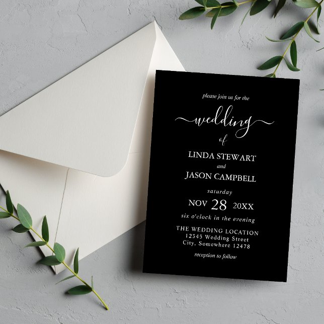 Convite Elegância Moderna Preto e Branco Casamento Minimal (Black minimalist wedding invitation delivers modern elegance for a timeless first impression)