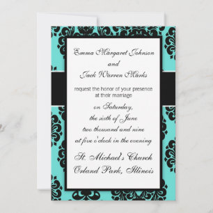 Convite elegância negra damask na design azul aqua