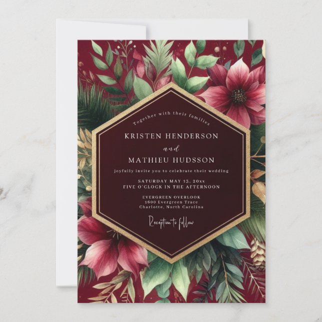 Convite Elegância no Casamento com Florada Borgonha (Frente)