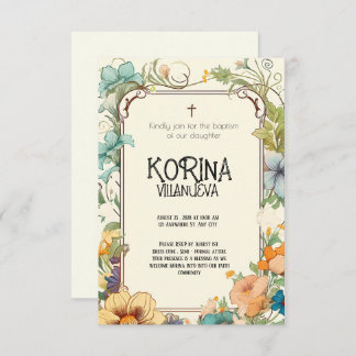 Convite Elegância Pura: Batismo Floral Simples Creme e Ver