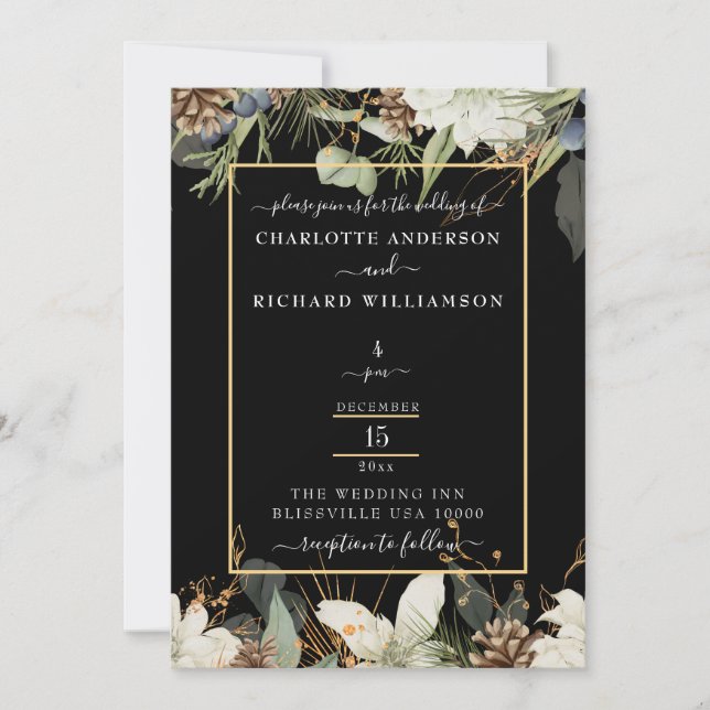 Convite Elegância Rústica, Borda Pinecone em Preto (Frente)