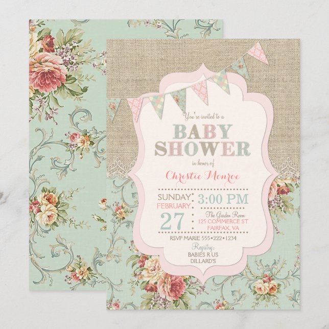 Convite Elegância Rústica Floral em Renda e Burlap Desgast (Frente/Verso)