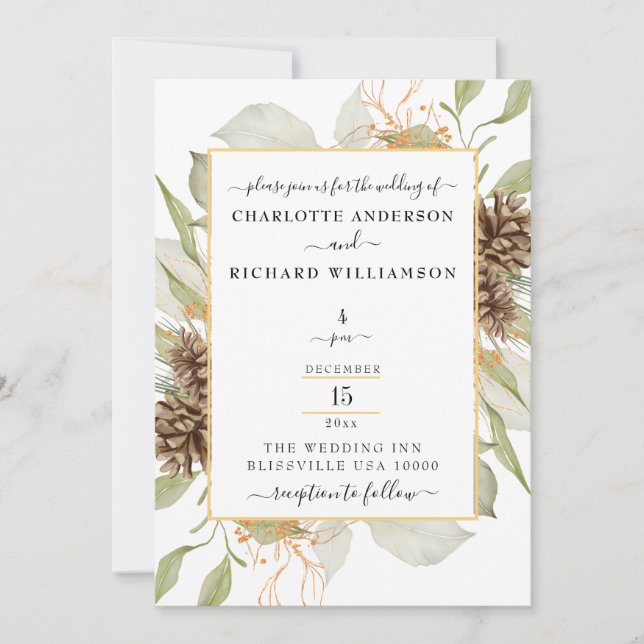 Convite Elegância Rústica, Moldura Pinecone em Branco (Frente)