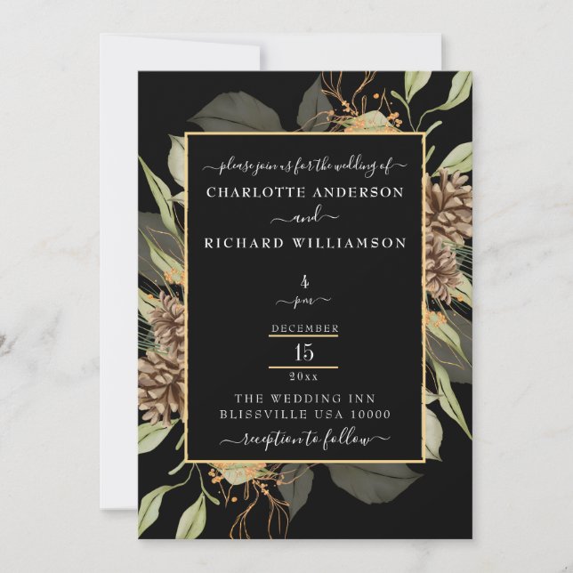 Convite Elegância Rústica, Moldura Pinecone em Preto (Frente)