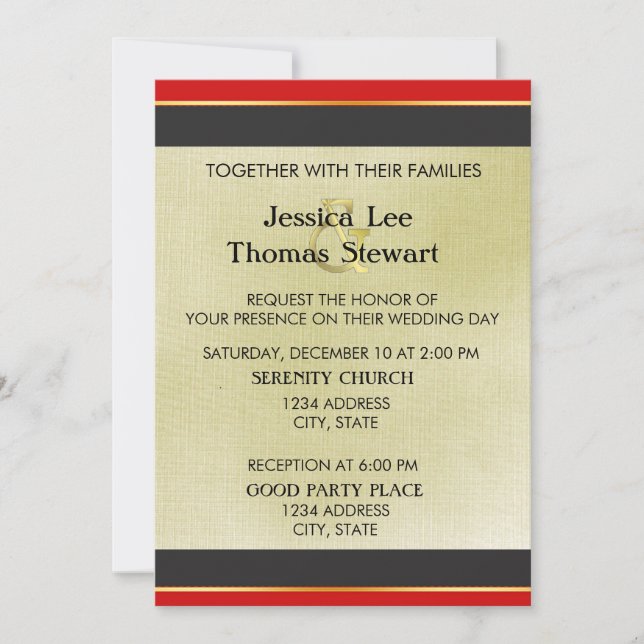 Convite Elegância Simples Vermelha, Preta e Dourada (Frente)