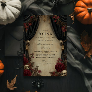 Convite Elegância Sombria Crânio e Cortina de Halloween