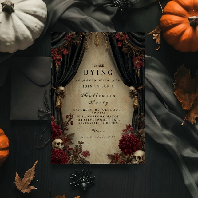 Convite Elegância Sombria Crânio e Cortina de Halloween (Criador carregado)
