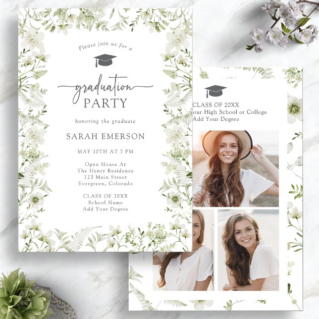Convite Elegância Verde de Formatura (Watercolor Greenery Elegant Graduation Invitation Photo Collage by Painted Paperie
)