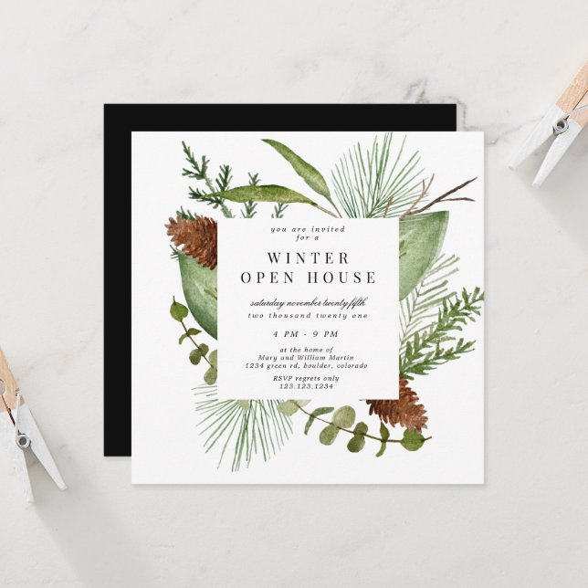 Convite Elegância Verde Invernal Quadrado Casa Aberta (Frente/Verso In Situ)