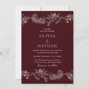 Convite Elegância Vintage Floral Casamento Burgundy Profun