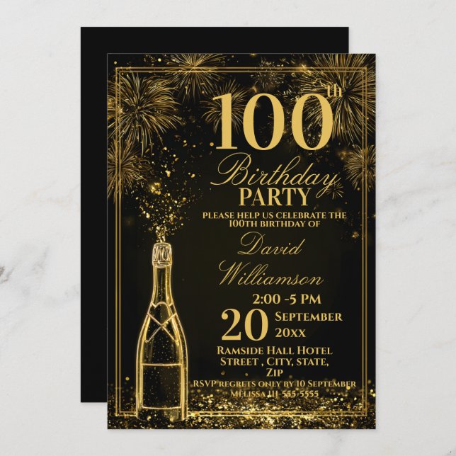 Convite Elegant 100th Birthday Gold Bottle Fizz (Frente/Verso)
