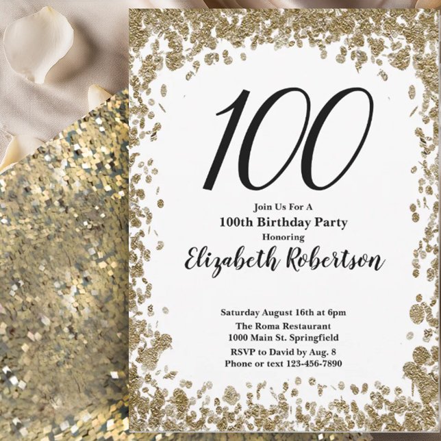 Convite Elegant 100th Birthday Invitation For Her in Gold (Criador carregado)