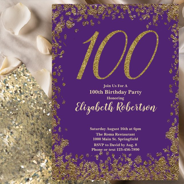 Convite Elegant 100th Purple Birthday Invitation Gold  (Criador carregado)