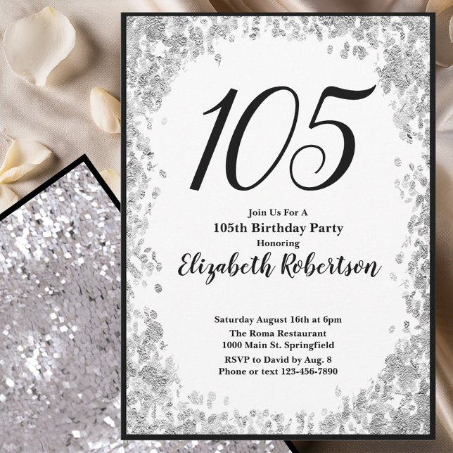 Convite Elegant 105th Birthday Invitation Silver and Black (Criador carregado)