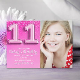 Convite Elegant 11th Birthday girl with photo Numer Ballon