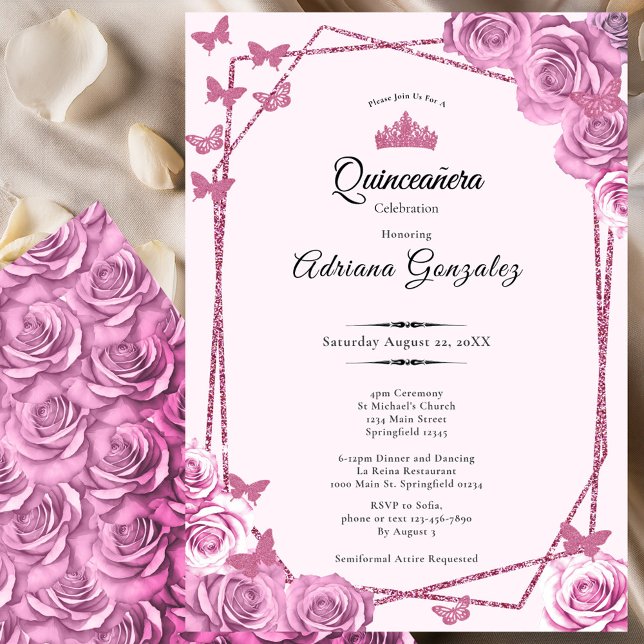 Convite Elegant 15th birthday pink roses Quinceanera (Criador carregado)