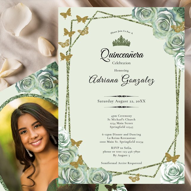 Convite Elegant 15th birthday sage green gold Quinceanera (Criador carregado)