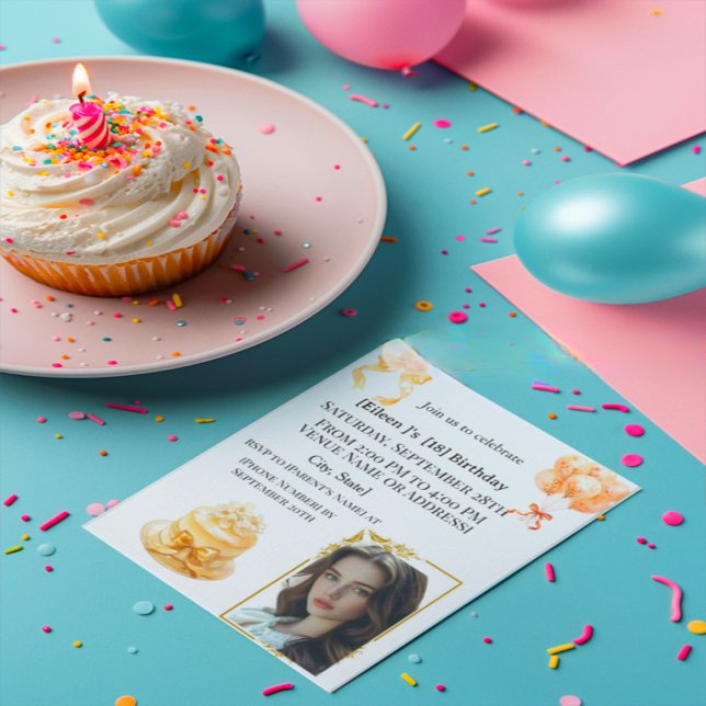 Convite Elegant 18th Birthday Photo Party Invitation | Gol (Criador carregado)