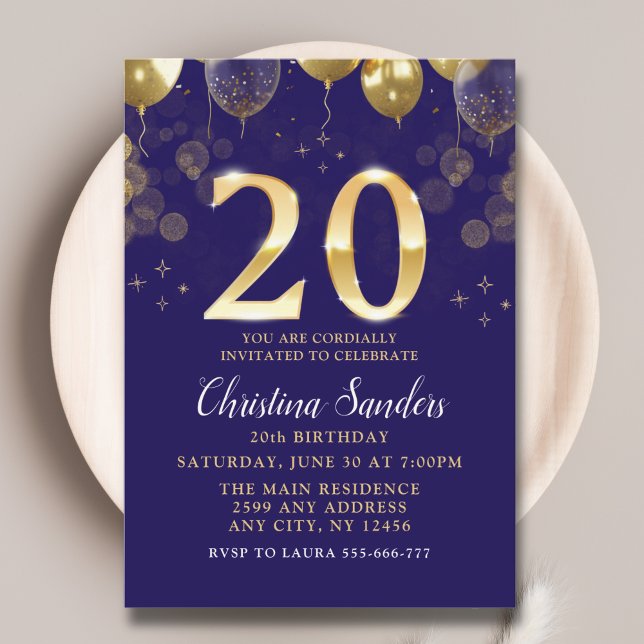 Convite Elegant 20th Birthday Invitation with Gold Ballons (Criador carregado)