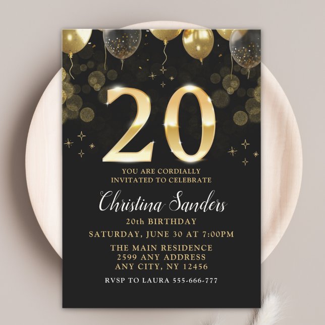 Convite Elegant 20th Birthday Invitation with Gold Ballons (Criador carregado)