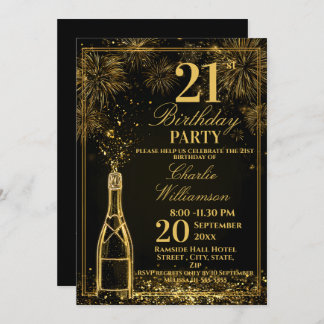 Convite Elegant 21st Birthday Gold Bottle Fizz