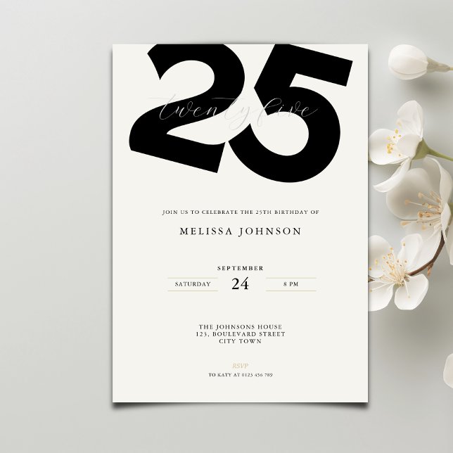 Convite Elegant 25th Birthday Invitation - Minimal Style (Criador carregado)