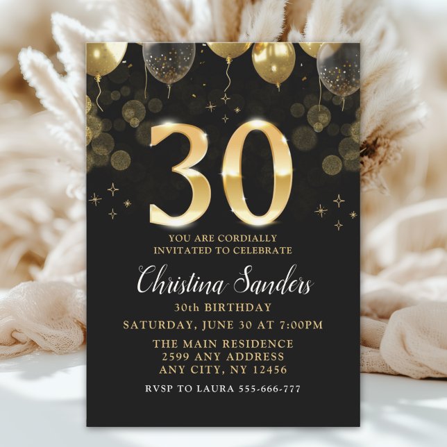 Convite Elegant 30th Birthday Invitation with Gold Ballons (Criador carregado)