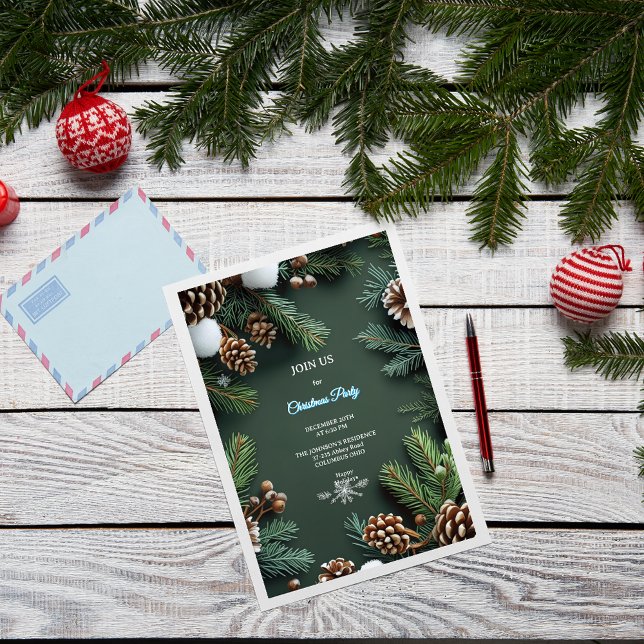 Convite Elegant 3D Pine Trees & Cones Christmas (Criador carregado)