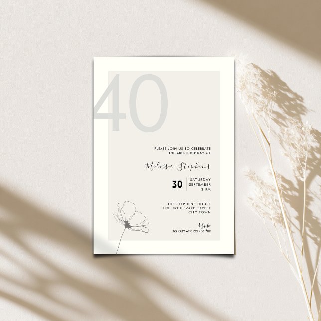 Convite Elegant 40th Birthday Invitation - Minimal Style (Elegant 40th birthday invitation for woman with hand drawn flower.)