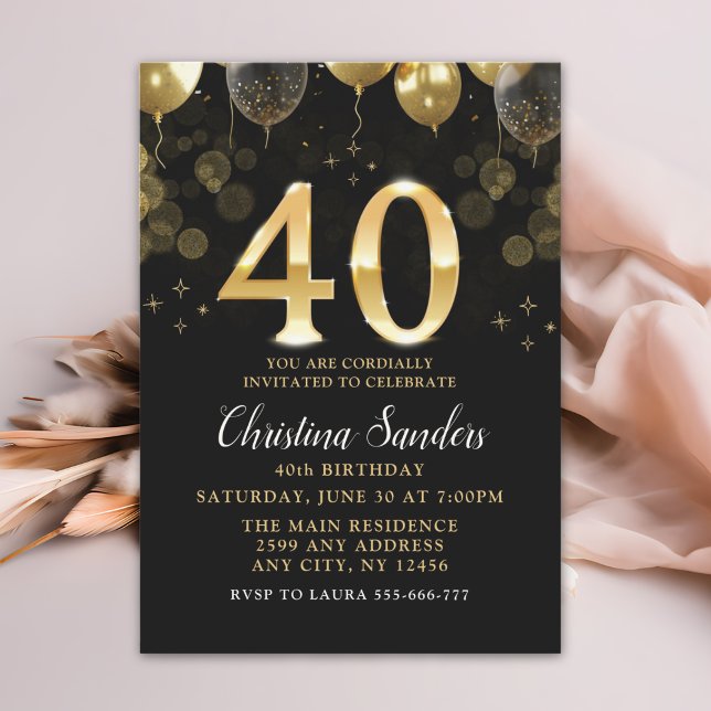 Convite Elegant 40th Birthday Invitation with Gold Ballons (Criador carregado)