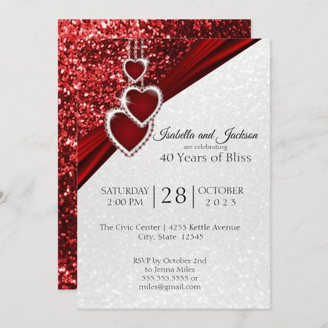 Convite Elegant 40th Ruby Red Glitter Anniversary Design (Frente/Verso)