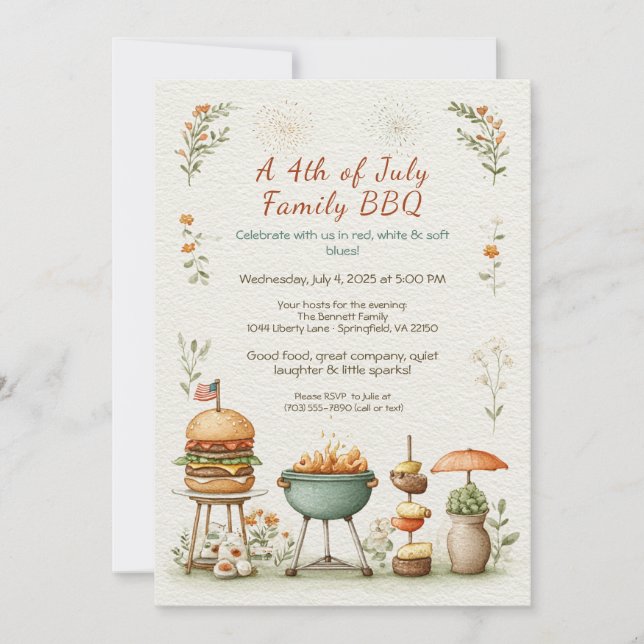 Convite Elegant 4th of July BBQ Invitation – Soft Line Art (Frente)