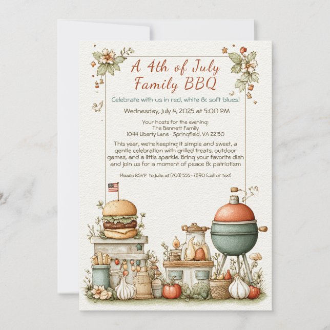 Convite Elegant 4th of July BBQ Invitation – Soft Line Art (Frente)