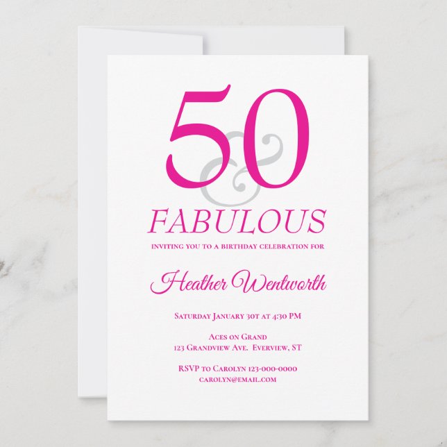 Convite Elegant 50 and Fabulous 50th Birthday Pink (Frente)