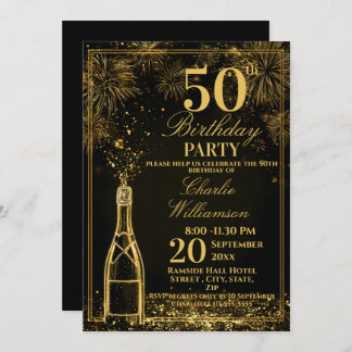 Convite Elegant 50th Birthday Gold Bottle Fizz