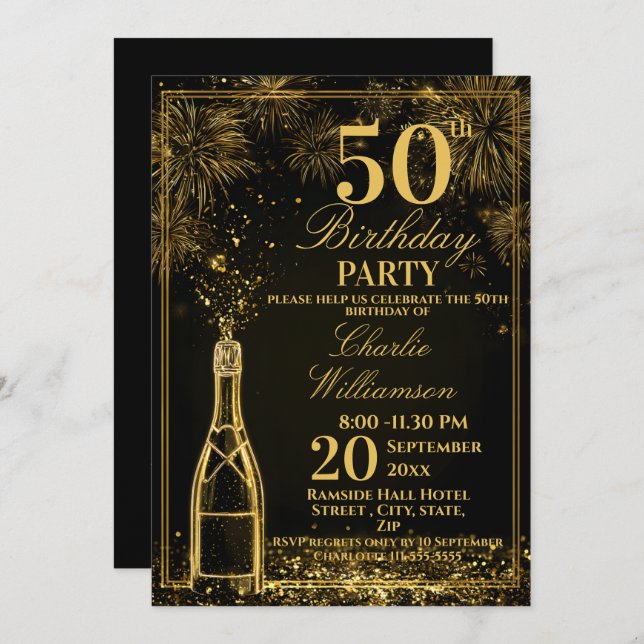 Convite Elegant 50th Birthday Gold Bottle Fizz (Frente/Verso)