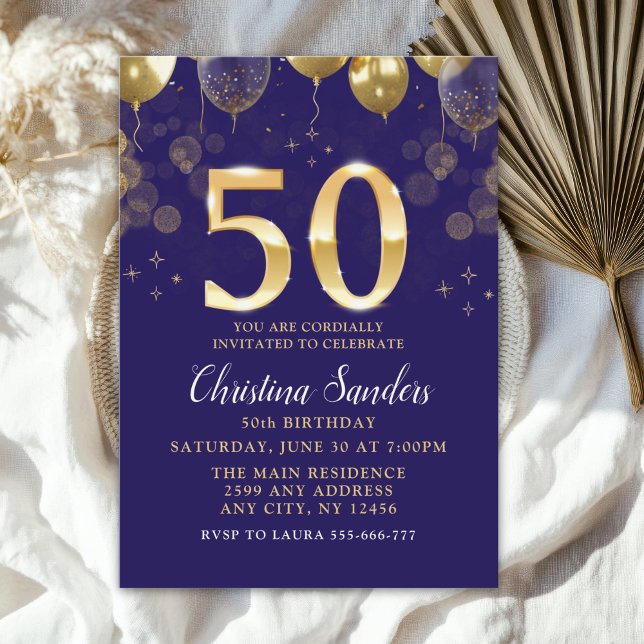 Convite Elegant 50th Birthday Invitation with Gold Ballons (Criador carregado)