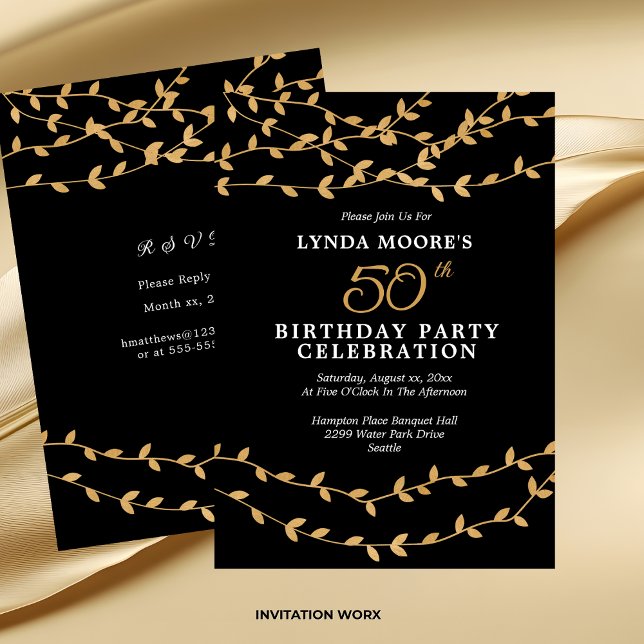 Convite Elegant 50th Birthday Party Gold Leaves on Black (Elegant 50th Birthday Party Gold Leaves on Black Invitation)