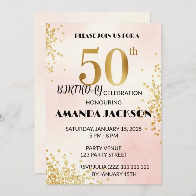 Convite Elegant 50th Birthday Party Invitation Gold & Pink (Frente/Verso)