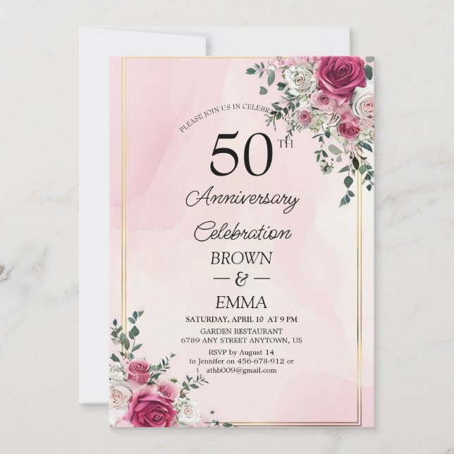 Convite Elegant 50th Wedding Anniversary Floral Celebratio (Frente)