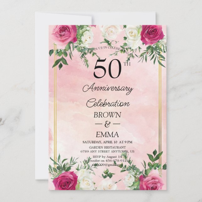 Convite Elegant 50th Wedding Anniversary Floral Celebratio (Frente)