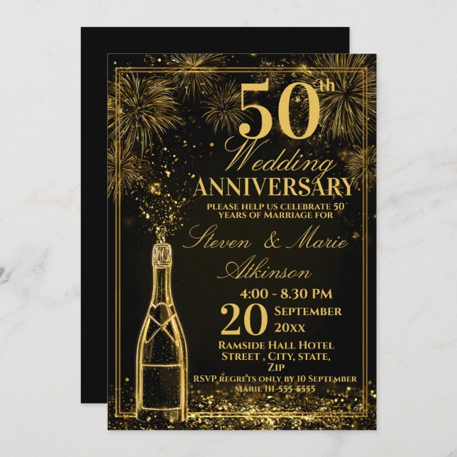 Convite Elegant 50th Wedding Anniversary Gold Bottle Fizz (Frente/Verso)