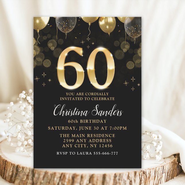 Convite Elegant 60th Birthday Invitation with Gold Ballons (Criador carregado)