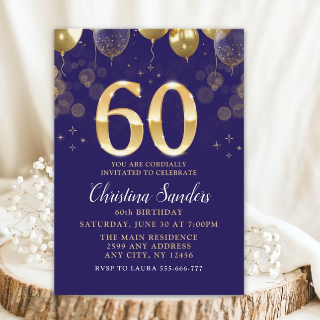 Convite Elegant 60th Birthday Invitation with Gold Ballons (Criador carregado)
