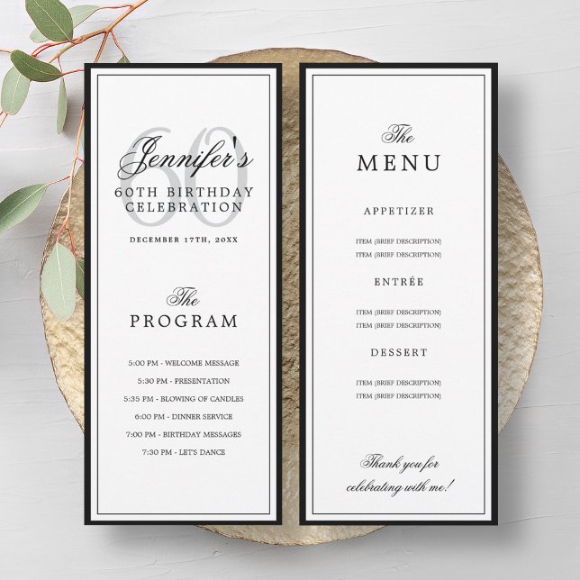 Convite Elegant 60th Birthday Party Program + Menu  (Elegant 60th Birthday Party Program + Menu)