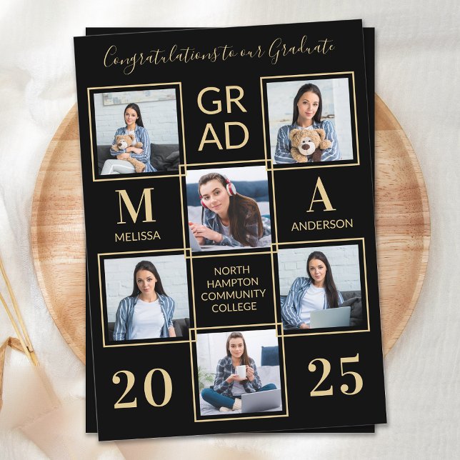 Convite Elegant 6 Photo Personalized Black Gold Graduation (Criador carregado)