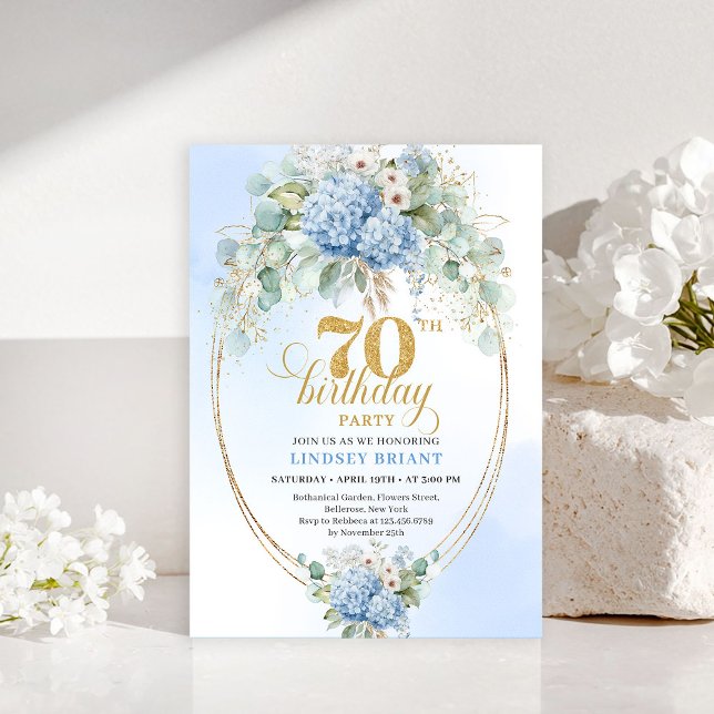 Convite Elegant 70 Birthday Pastel Blue Floral Invitation (Elegant 70th Birthday Pastel Blue Floral Invitation)