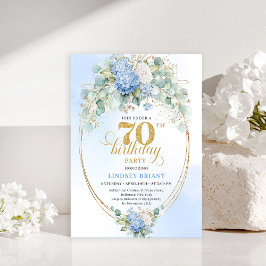 Convite Elegant 70th Birthday Blue Hydrangea Gold Invites