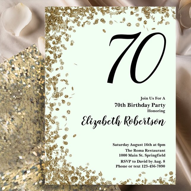 Convite Elegant 70th Birthday Invitation Green Gold Sequin (Criador carregado)